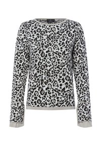 Leopardenmuster-Pullover in Grau und Schwarz, mit langen Ärmeln und Rundhalsausschnitt. Mit einem subtilen Bündchendetail und weicher Textur akzentuiert.