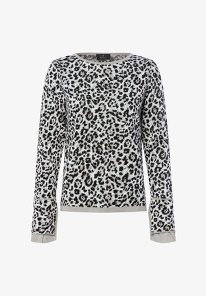 Leopard print sweater in gray and black, with long sleeves and a crew neckline. Accented with a subtle cuff detail and soft texture.