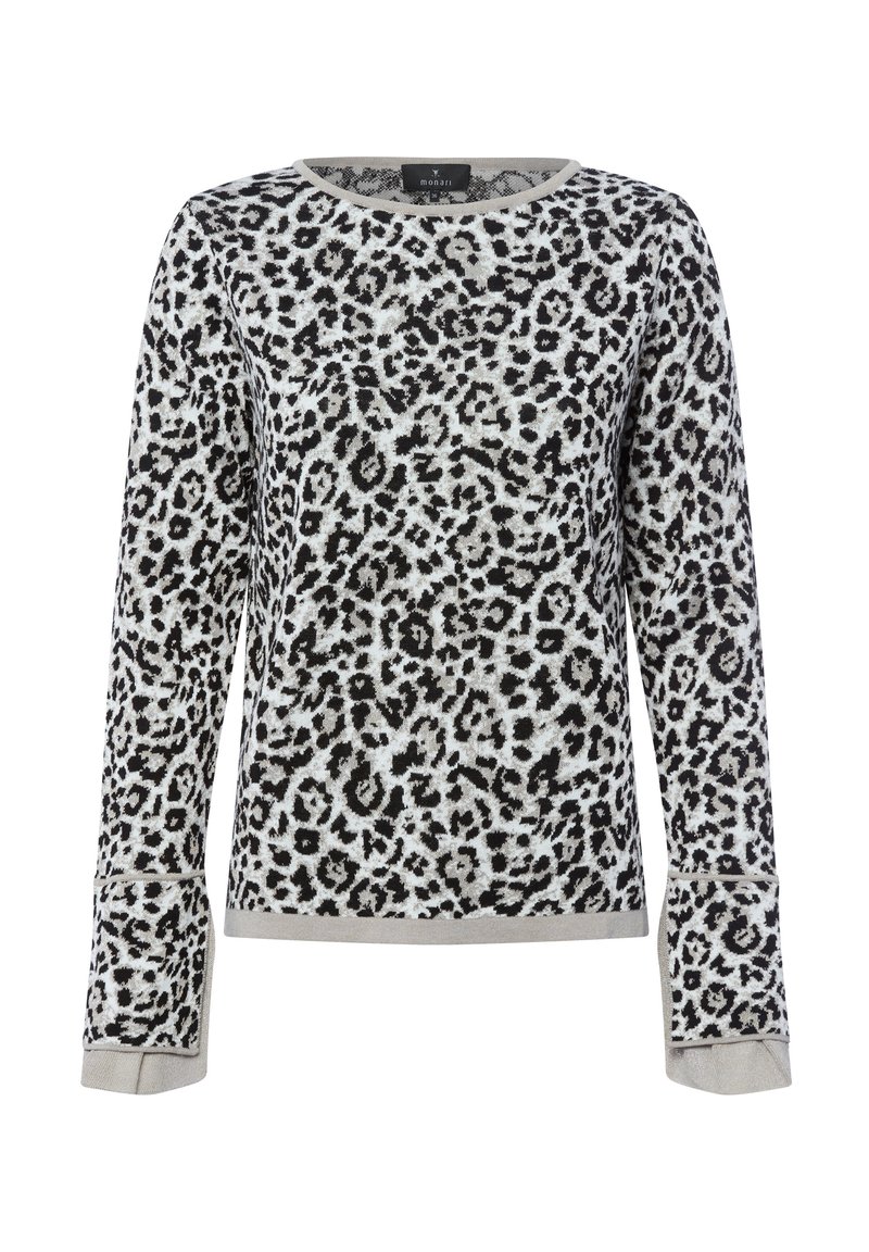Leopardenmuster-Pullover in Grau und Schwarz, mit langen Ärmeln und Rundhalsausschnitt. Mit einem subtilen Bündchendetail und weicher Textur akzentuiert.