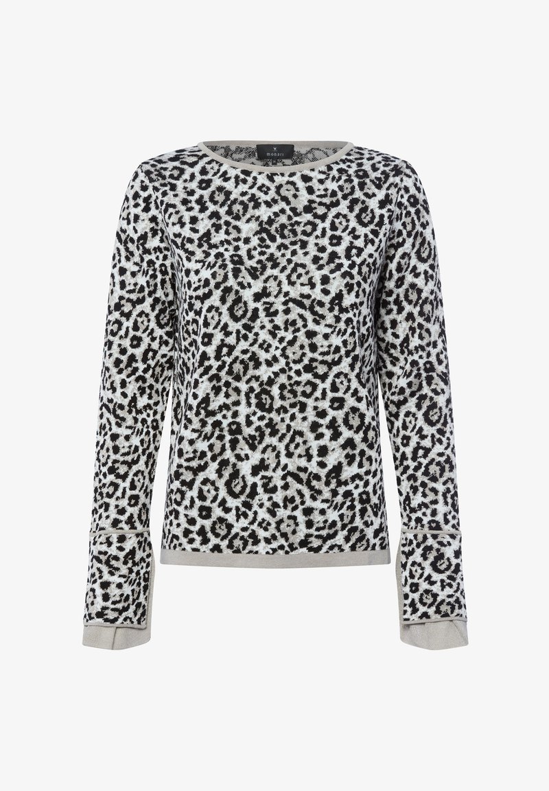 Leopard print sweater in gray and black, with long sleeves and a crew neckline. Accented with a subtle cuff detail and soft texture.