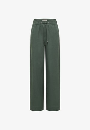 Weit geschnittene dunkelgrüne Hose mit elastischem Bund und verstellbarem Kordelzug vorne.