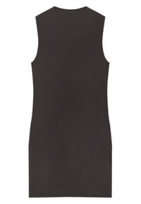 Vestito nero senza maniche, texture a coste, scollo alto, lunghezza al ginocchio, silhouette aderente, design minimalista senza decorazioni.