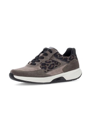 Gray suede sneaker with black leopard print accents, featuring a padded collar, black laces, and a white midsole with textured details.