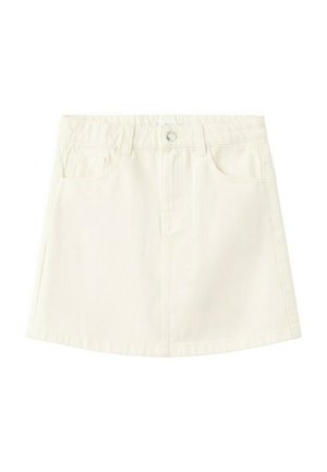 Witte denim minirok met voorzakken, lussen voor een riem en een knoopsluiting in de tailleband.