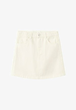 Bijela mini suknja od trapera s prednjim džepovima, petljama za remen i zatvaračem na gumbu u struku.