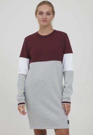 Long-sleeve dress in burgundy, white, and grey colors. Features a crew neck, color-block design, and soft cotton blend material.