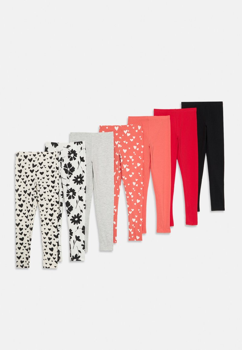 Huit paires de leggings dans différentes couleurs et motifs : noir, rouge, corail, gris et blanc avec des motifs en cœur et floraux. Tissu doux et extensible.
