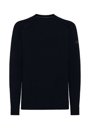 Pull en tricot noir avec un col rond, des manches raglan et des poignets et un ourlet côtelés. Présente un accent logo subtil sur la manche.