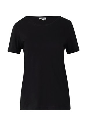 T-shirt noir à manches courtes avec un col rond, des manches retournées et en tissu de coton lisse. Design simple, léger et polyvalent.