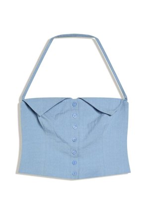 Light blue halter neck crop top with front button closure and a folded collar detail.