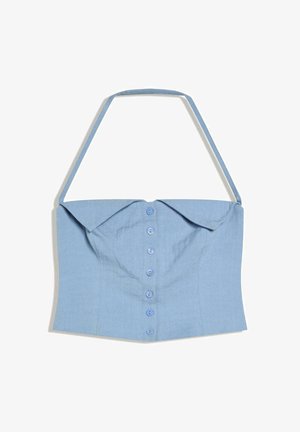 Light blue halter neck crop top with front button closure and a folded collar detail.