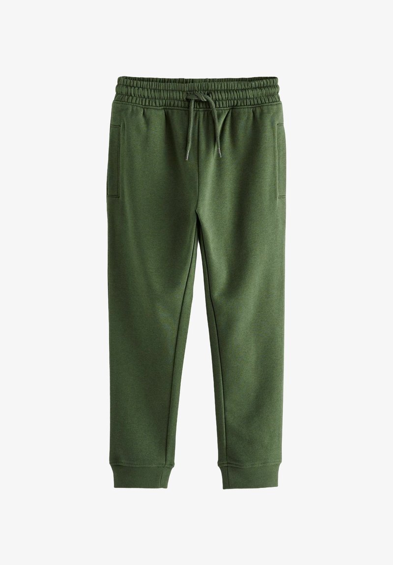 Pantalon de survêtement vert olive avec taille élastique, cordon de serrage, poches latérales et poignets côtelés.