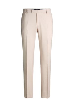 Beige, maßgeschneiderte Herrenhose mit Gürtelschlaufen, vorderem Reißverschluss und Bügelfalte an jedem Bein.