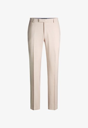 Beige, maßgeschneiderte Herrenhose mit Gürtelschlaufen, vorderem Reißverschluss und Bügelfalte an jedem Bein.