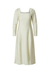 Langärmliges Midikleid aus leicht grünem Stoff mit einem gepunkteten Muster, das eine quadratische Ausschnittform und rüschige Schultern aufweist.