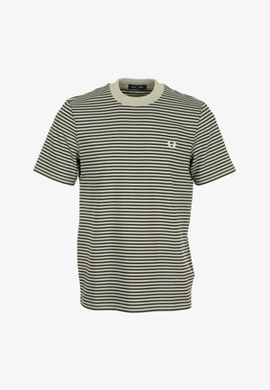 T-shirt met ronde hals en korte mouwen met zwarte en gebroken witte horizontale strepen en een klein wit geborduurd logo op de linkerborst.