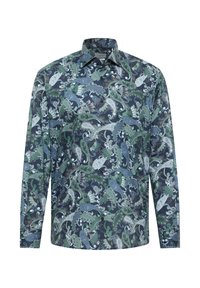 Langarmshirt in donkerblauw met ingewikkelde paisley- en loofpatronen in groen, wit en lichtblauw, met een kraag en knoopsluiting.