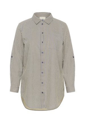 Cămașă cu mâneci lungi și nasturi, cu dungi verticale albastre închis și albe, buzunar la piept și tiv rotunjit.