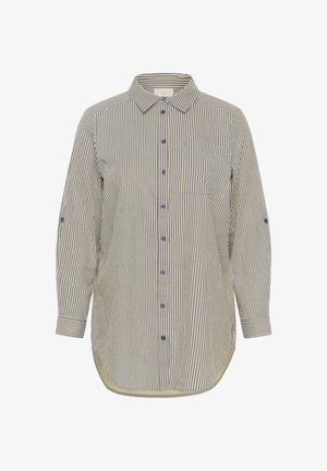 Langærmet skjorte med knapper, med lodrette striber i marineblå og hvid, brystlomme og rundet kant.