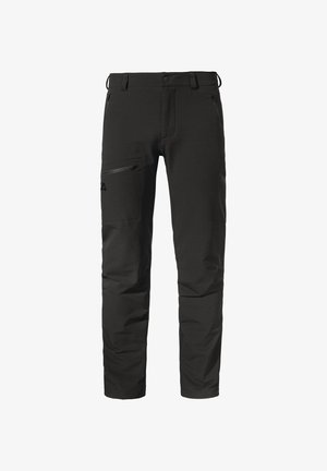 Zwarte outdoorbroeken gemaakt van duurzaam materiaal, met een slim fit, platte voorkant, zijzak met rits en riemlussen. Soepele textuur, rechte pijpen.