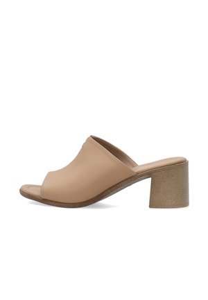 Beige open-teen mule sandaal met een brede leren bovenzijde en een stevige blokhak van gemiddelde hoogte.