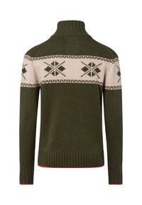 Pull tricoté vert foncé avec un col haut, orné d'un motif fair isle beige clair et d'un ourlet côtelé avec des accents rouges.