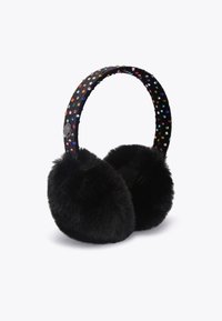 Cuffie in pelliccia sintetica nera con una fascia decorata caratterizzata da strass multicolore. Texture morbida; cuscinetti auricolari rotondi per il calore.