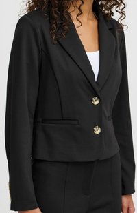 Schwarzer Blazer mit maßgeschneidertem Design, zwei goldenen Knopfverschlüssen und graden Taschen. Hergestellt aus glattem Stoff mit strukturierter Silhouette.