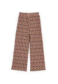 Plati bikses ar ziedu rakstu sarkanā un krēmkrāsā uz teksturēta fona. Elastīgs josta nodrošina komfortu un vieglu valkāšanu.