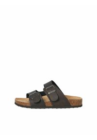 Sandale noire à deux sangles avec boucles métalliques réglables, semelle intérieure en liège et semelle noire texturée, vue de côté sur fond blanc.