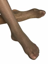 Przezroczyste brązowe rajstopy o metalicznym połysku, z delikatną strukturą i bezszwowym wykończeniem palców, sięgające powyżej kostki.