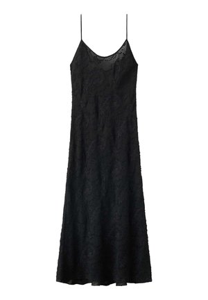Vestido midi negro sin mangas con finas tiras y un sutil patrón paisley texturizado en tela ligera.