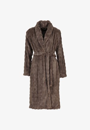 Bruine faux fur badjas met een sjaalkraag, lange mouwen en een bijpassende riem. Bevat gestructureerde verticale strepen en een zachte, pluche oppervlakte.