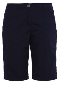 Shorts bleu marine longueur genou avec fermeture devant à boutons et fermeture éclair, passants pour ceinture et poches latérales.