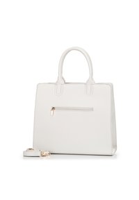 Borsa tote in pelle bianca con due manici, superficie testurizzata e una piccola tasca frontale con zip. Include una tracolla removibile.