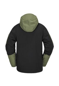 Giacca nera con cappuccio e maniche verde oliva. Presenta una texture liscia e polsini elasticizzati. La vista posteriore non mostra hardware visibile né motivi.