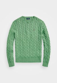 Grüner Kabelstrickpullover mit geripptem Kragen und Bündchen. Verfügt über ein dezentes Logo auf der Brust, aus weichem Strickmaterial gefertigt.