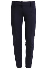 Navy-kalan slim-fit housut silkinpehmeällä pinnalla, joissa on keski-matalavyötärö, vyölenkit ja räätälöidyt saumat lahkeissa.