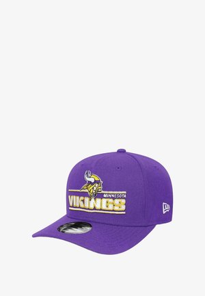 Purple cap featuring an embroidered Minnesota Vikings logo, gold accents, a flat brim, and a structured design with logo detail on the front.
