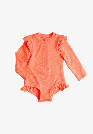 Bañador coral de manga larga para bebé con estampados de conchas marinas, volantes en los hombros y caderas, y cierre frontal con cremallera.