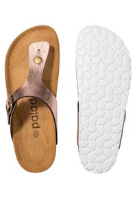 Bruna korksandal med en texturerad roséguldsrem och en rund metallackent, med en vit mönstrad gummisula.