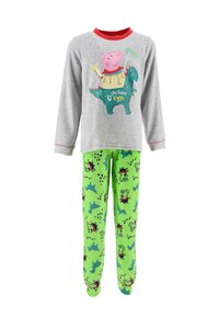 Grey long-sleeve pajama top with red accents features a cartoon print. Green fleece pants display dinosaur and character patterns.