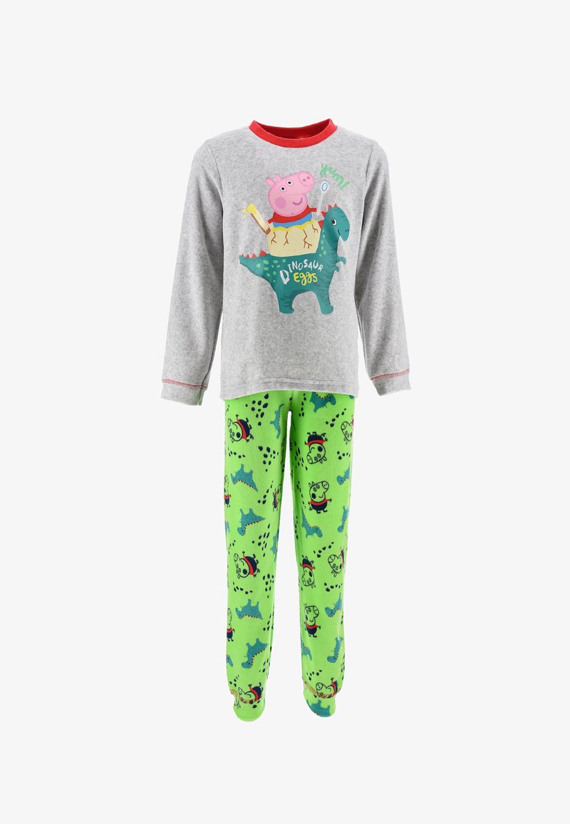 Graues Langarm-Pyjamaoberteil mit roten Akzenten und einem Cartoon-Druck. Grüne Fleecehose mit Dino- und Charaktermustern.