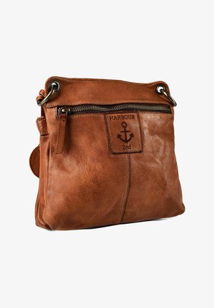 Borsa a tracolla in pelle marrone con tasca frontale con cerniera e toppa con simbolo ancora e scritta "HARBOUR 2nd".