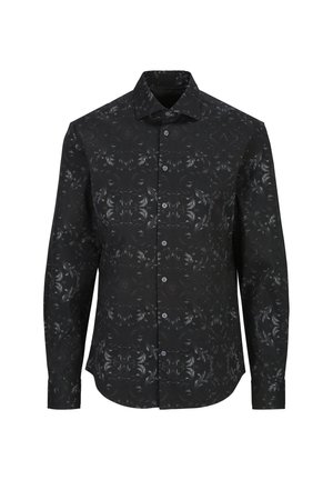 Schwarzes Langarm-Hemd mit Knöpfen, dezenten grauen Blumen- und geometrischen Mustern und klassischem Kragen auf weißem Hintergrund.