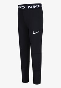 Leggings de sport noirs en matériau extensible, dotés d'une large taille avec le texte "NIKE PRO" et d'un logo Nike blanc sur la cuisse gauche.