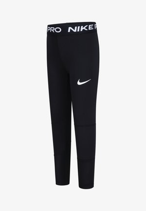 Fekete sport leggings rugalmas anyagból, széles derékkal, rajta a "NIKE PRO" felirattal és egy fehér Nike logóval a bal combon.