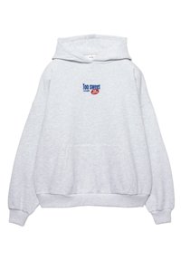 Felpa con cappuccio grigia con tasca a marsupio frontale, ricamo "Too sweet" in blu e rosso, polsini e orlo a costine. Tessuto morbido in misto cotone.