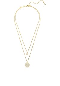 Kuldset tooni kihiline kaelakee kahest õrnast kettist. Sellel on väike ümmargune ripats ja suurem ripats, mõlemad kaunistatud sädelevate kristallidega.