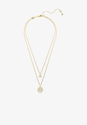 Gulltone lagd kjede med to delikate kjeder. Har en liten sirkelformet anheng og en større anheng, begge utsmykket med rhinesteiner.